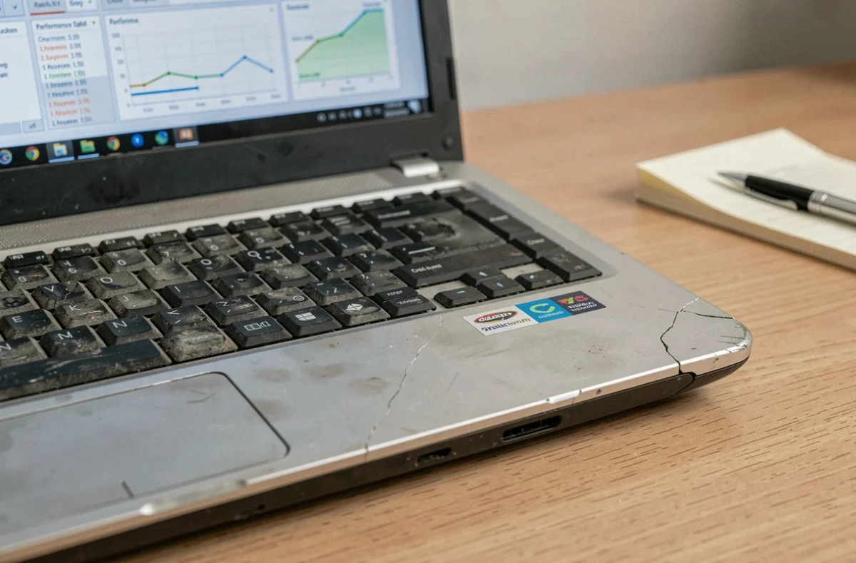 Gros plan sur le clavier usé d'un vieux laptop affichant des graphiques de performances CPU et RAM sur son écran lors d'un test d'émulation