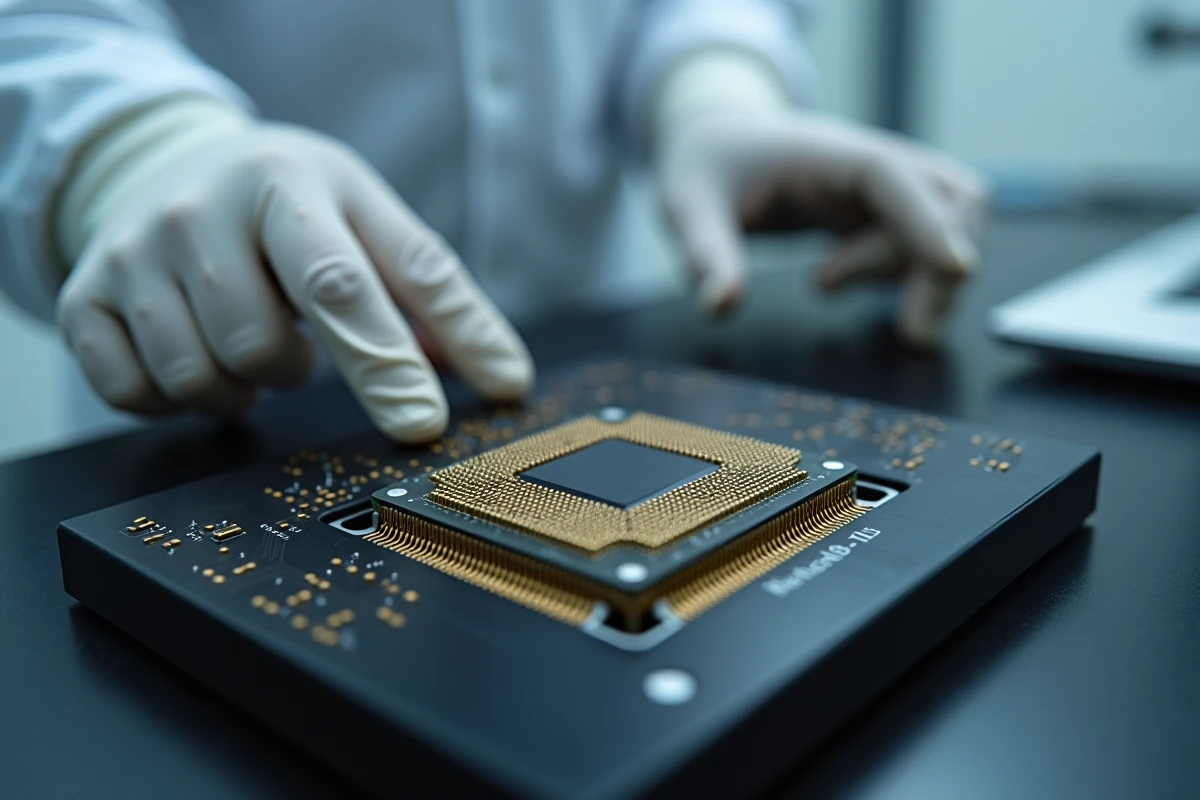 Gros plan sur une puce quantique montée sur circuit imprimé dans une salle blanche de recherche technologique