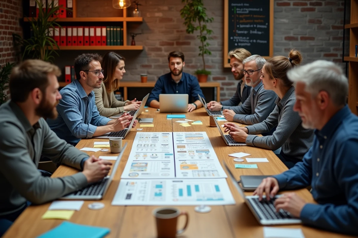 Groupe de professionnels collaborant autour de cartes user stories et d'une roadmap imprimée lors d'un atelier d'alignement feature by feature
