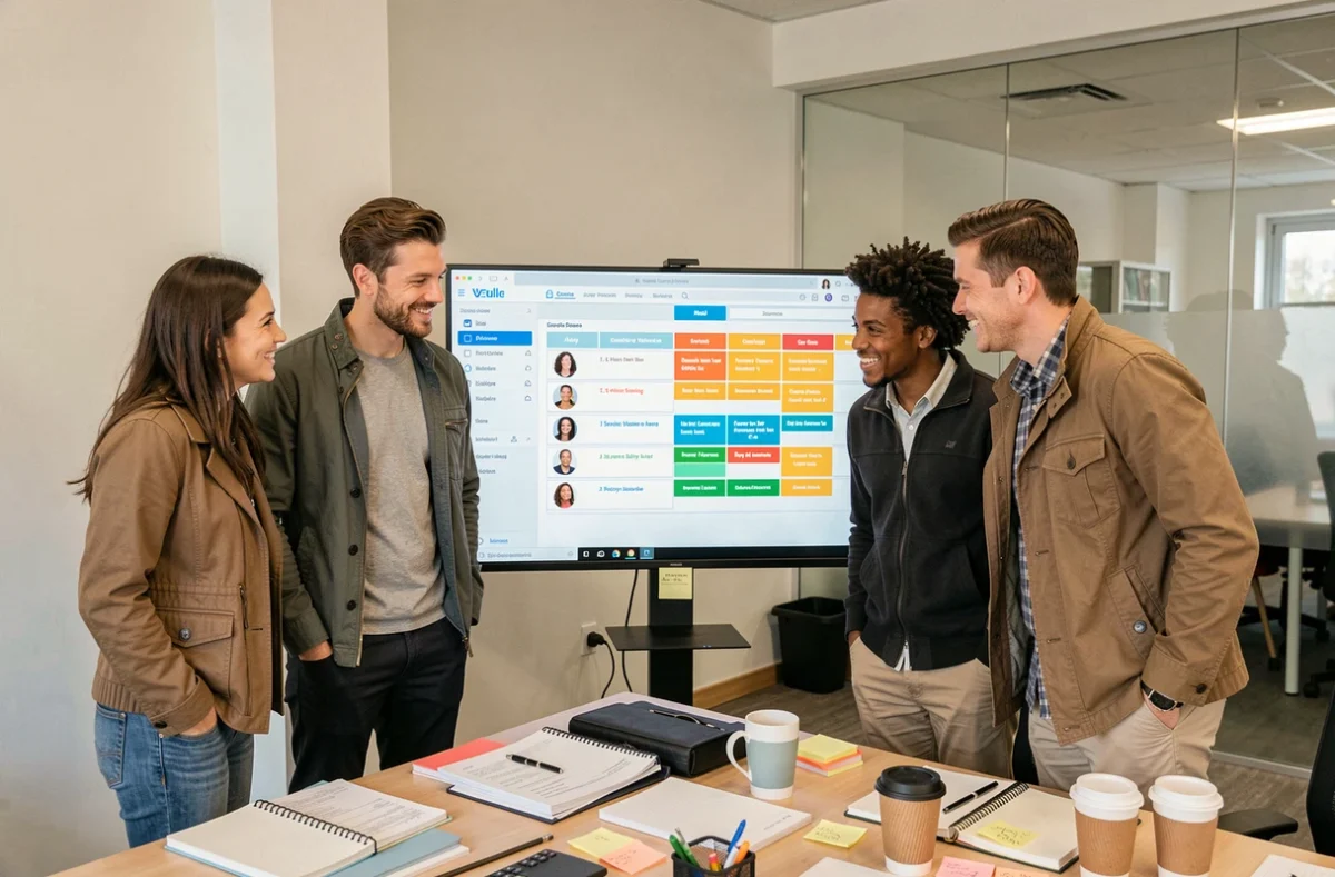 Groupe de collègues consultant ensemble un tableau de planification collaboratif sur grand écran au bureau
