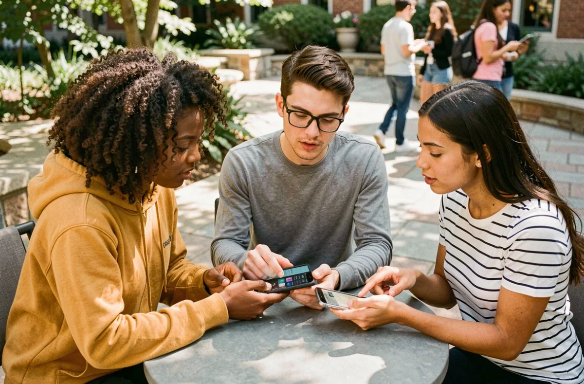 Groupe de jeunes adultes comparant différents modèles de smartphones en extérieur pour trouver le téléphone le mieux adapté