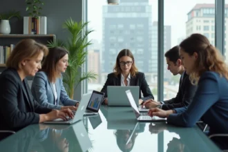 Groupe de travailleurs en réunion dans un bureau moderne