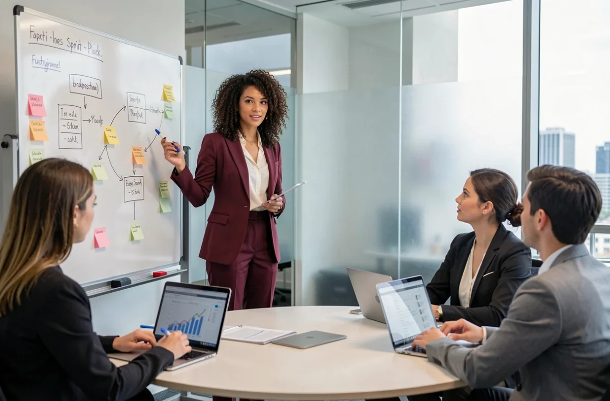 Chef de projet de Havio animant une réunion de planification agile avec son équipe dans une salle de réunion moderne