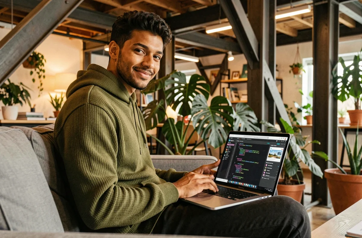 Développeur web d'Hibrido codant un site bilingue dans un espace de travail créatif hybride avec plantes tropicales