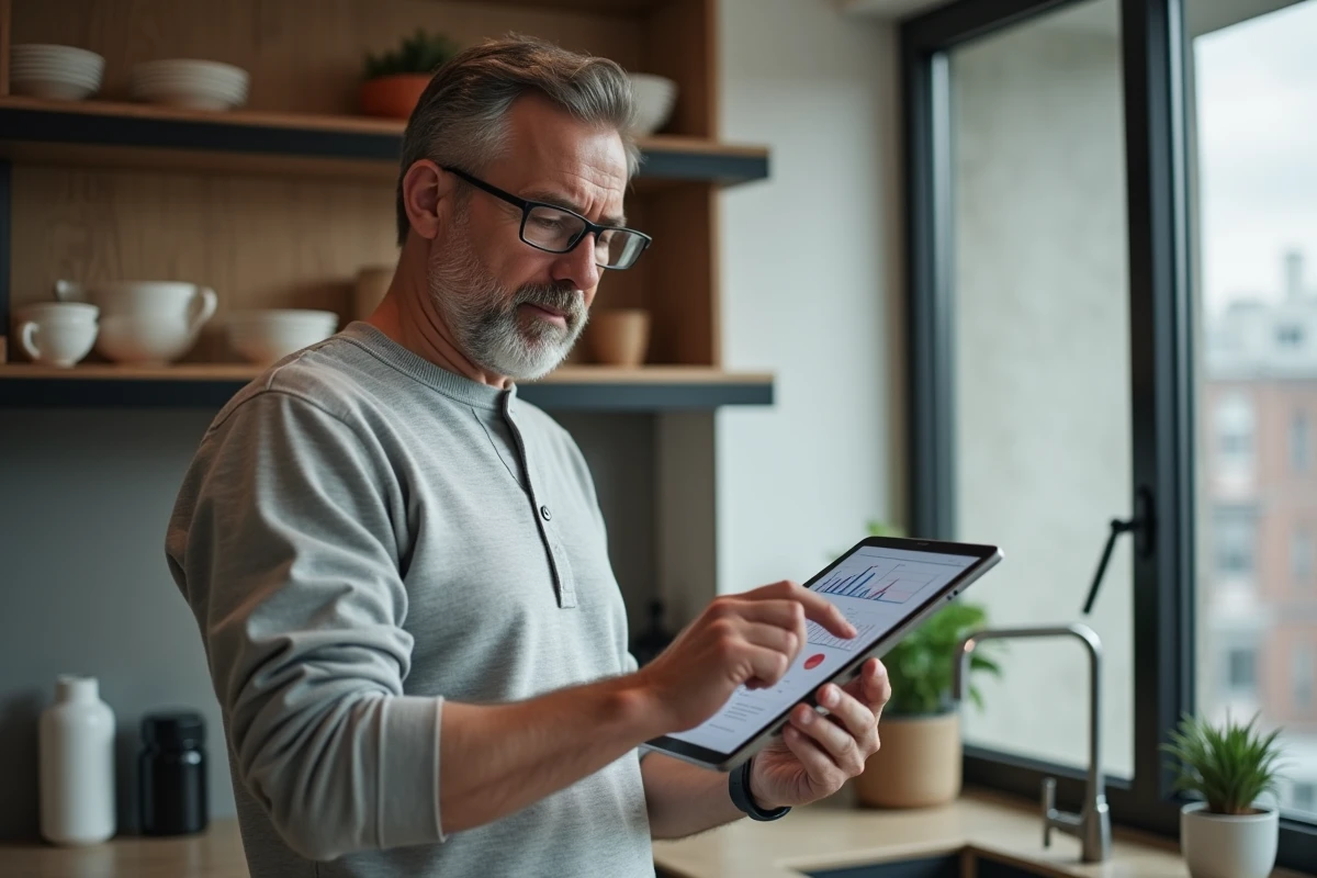 Homme analysant des plateformes alternatives à Xabriv sur tablette dans une cuisine moderne