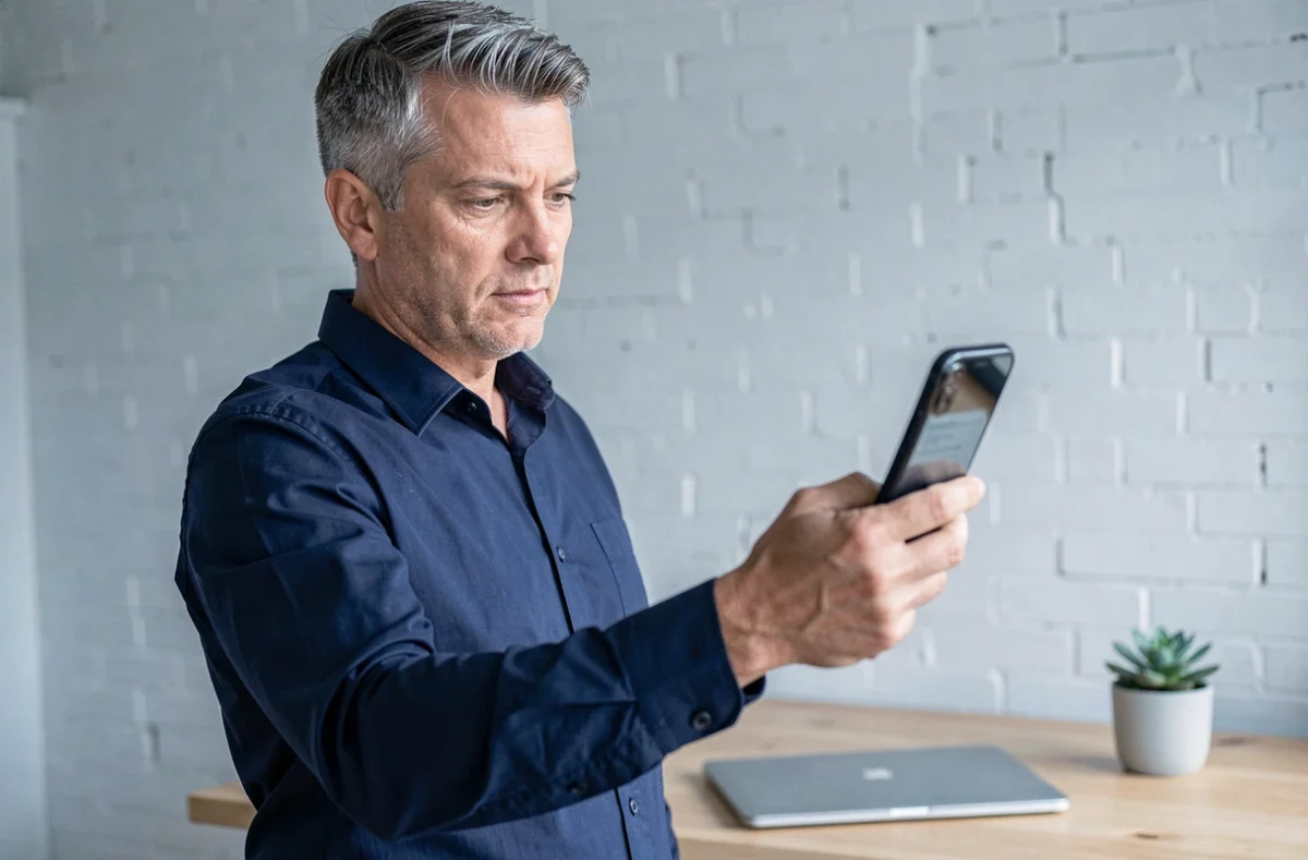Homme analysant les performances d'un smartphone dans un bureau à domicile pour choisir le modèle adapté à ses besoins