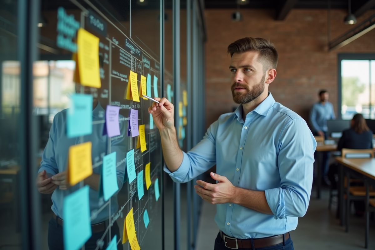 Homme en réunion expliquant un diagramme d