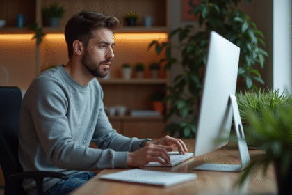 Homme concentré devant son ordinateur à la maison