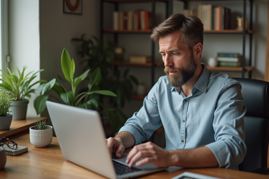 Homme d'âge moyen connectant un disque dur à un ordinateur portable dans un bureau cosy