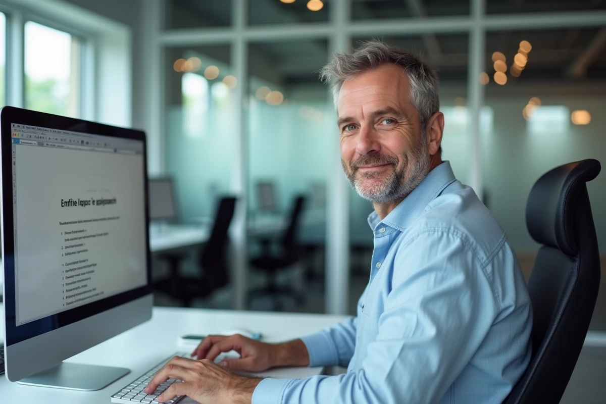 Homme en bureau utilisant un traitement de texte pour insérer un È majuscule avec accent en français