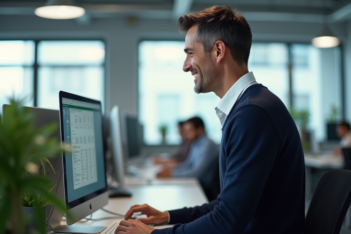 Homme souriant utilisant un ordinateur dans un bureau moderne