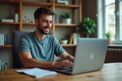 Homme concentré sur son ordinateur portable dans un bureau moderne