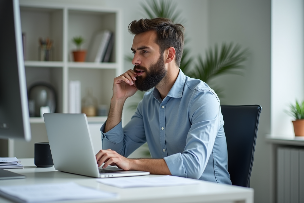 Homme en costume décontracté utilisant un assistant vocal au bureau