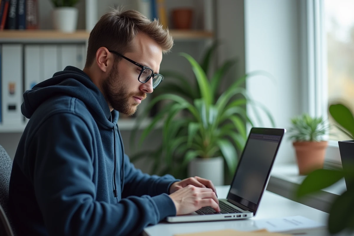 Homme en home office vérifiant ses réseaux sociaux
