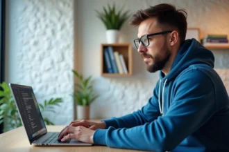 Homme en hoodie regardant son écran wifi au bureau