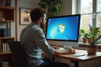 Homme au bureau utilisant Windows 7 Home Edition