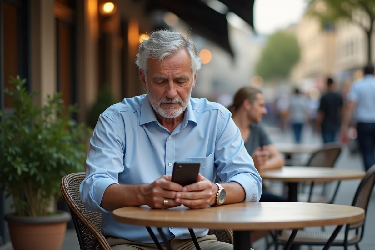 Homme d age moyen vérifiant ses emails dans un café en plein air