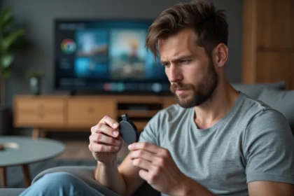 Homme tenant un dongle Chromecast dans sa main face à un téléviseur connecté via port HDMI dans un salon moderne