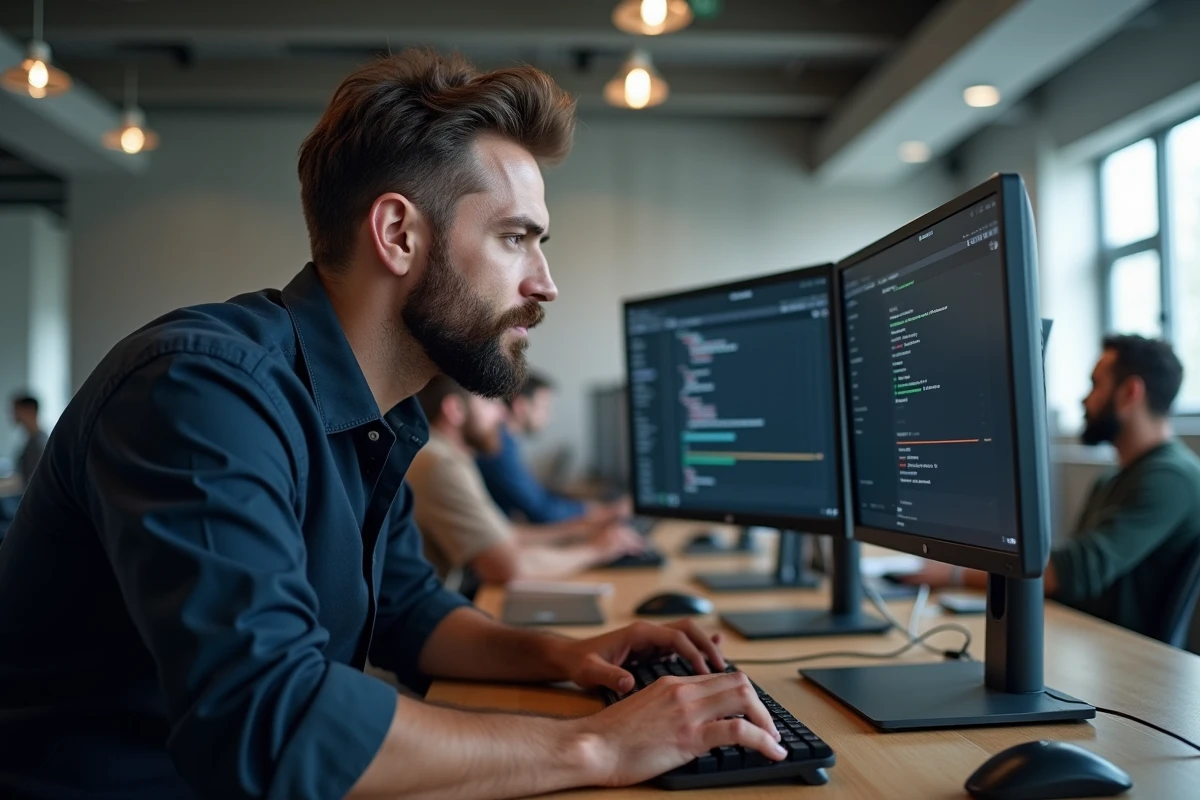 Homme barbu configurant des combinaisons de raccourcis flèches sur un clavier ergonomique dans un open space professionnel
