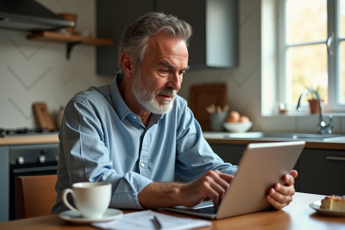 Homme relaxant à la maison utilisant une tablette pour PowerPoint