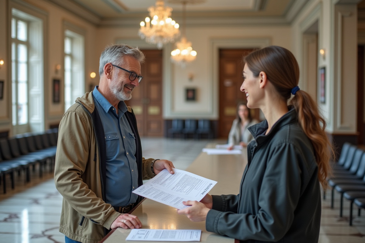 Homme recevant un dossier administratif à la mairie