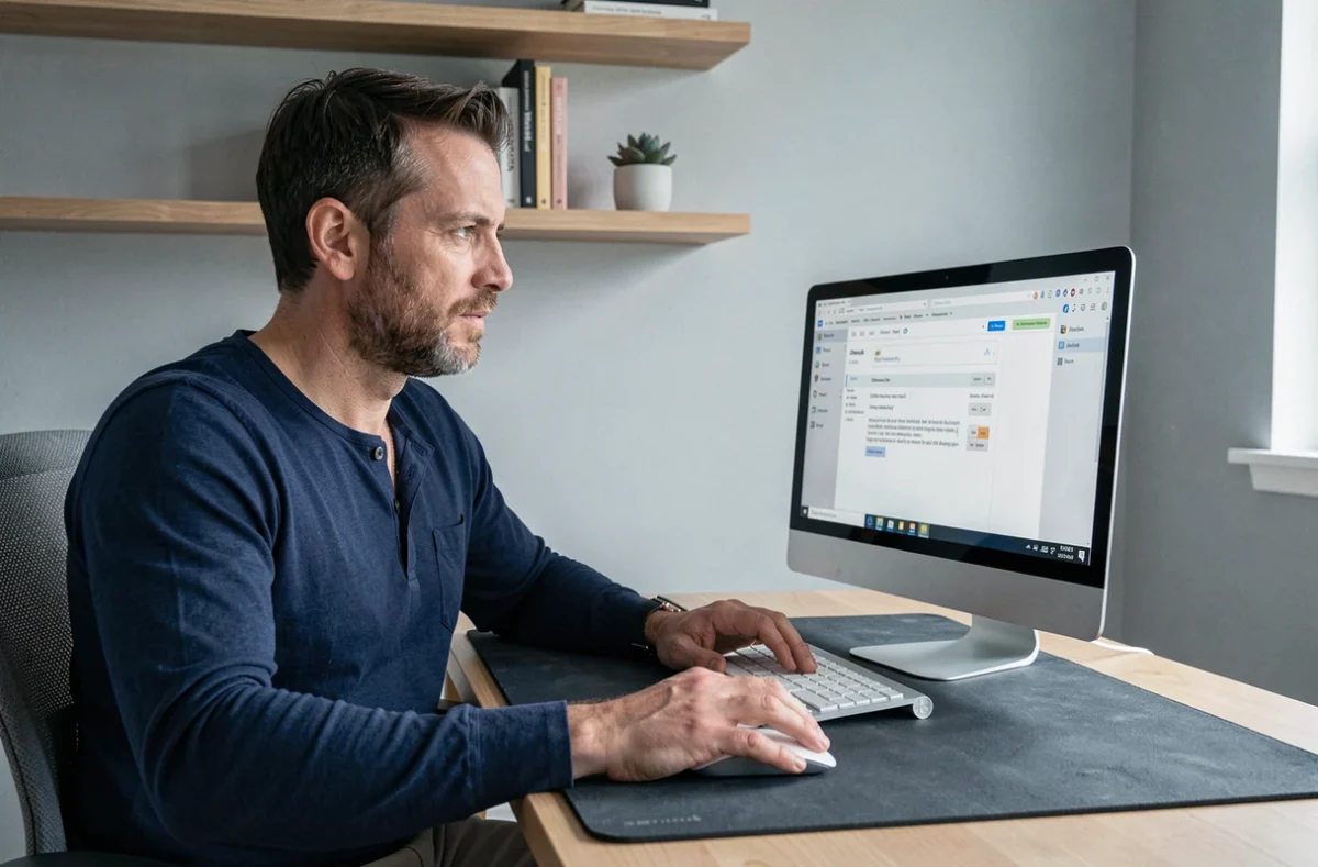 Homme travaillant sur ses emails AOL téléchargés en mode hors ligne dans un bureau à domicile moderne