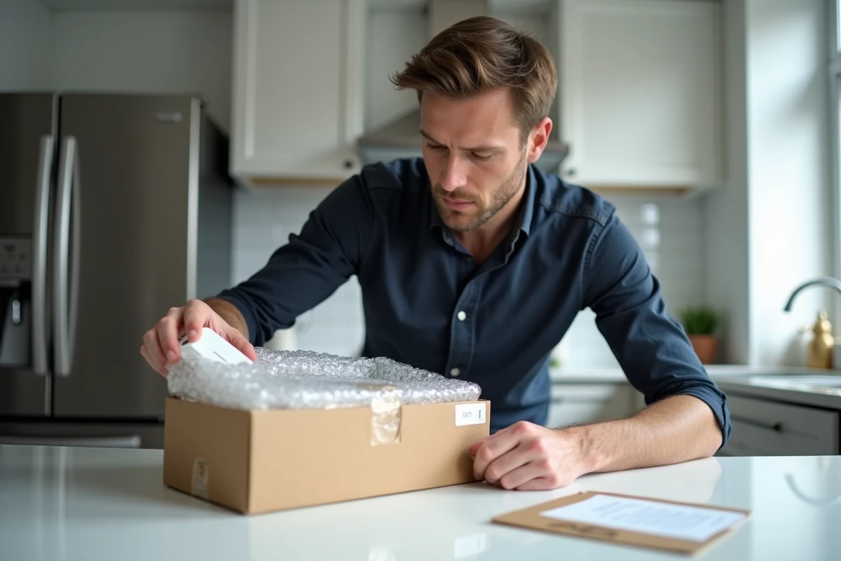 Homme emballant un iPhone 12 Pro dans une boîte d'expédition pour le revendre en ligne depuis sa cuisine