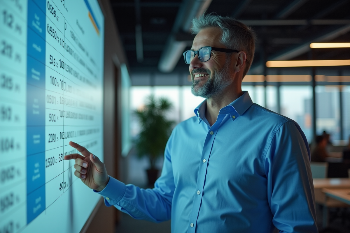 Homme expliquant un tableau Excel en réunion