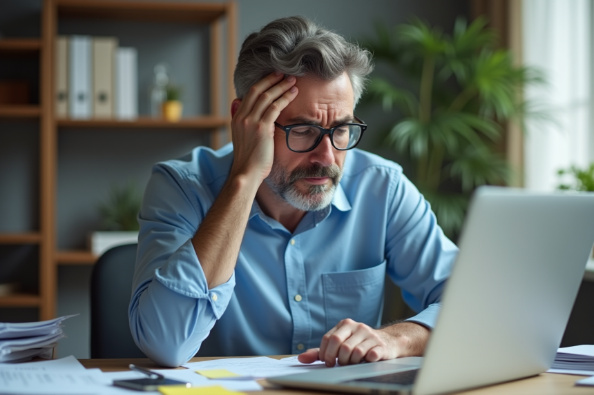 Homme fatigué au bureau à domicile avec ordinateur gelé