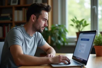Homme frustré devant un écran Chrome bloqué avec le bouton actualiser visible dans la barre d'outils