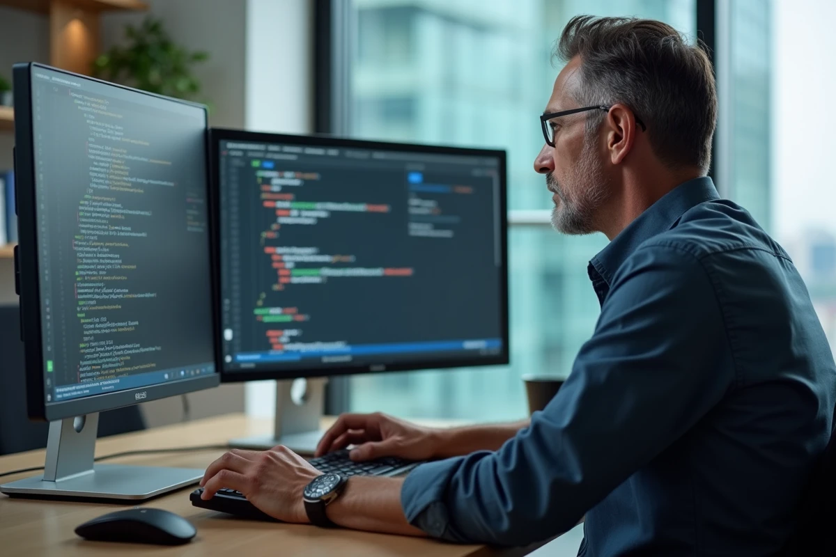 Homme en costume installant Python sur un ordinateur au bureau