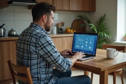 Homme d'âge moyen regardant un routeur WiFi connecté