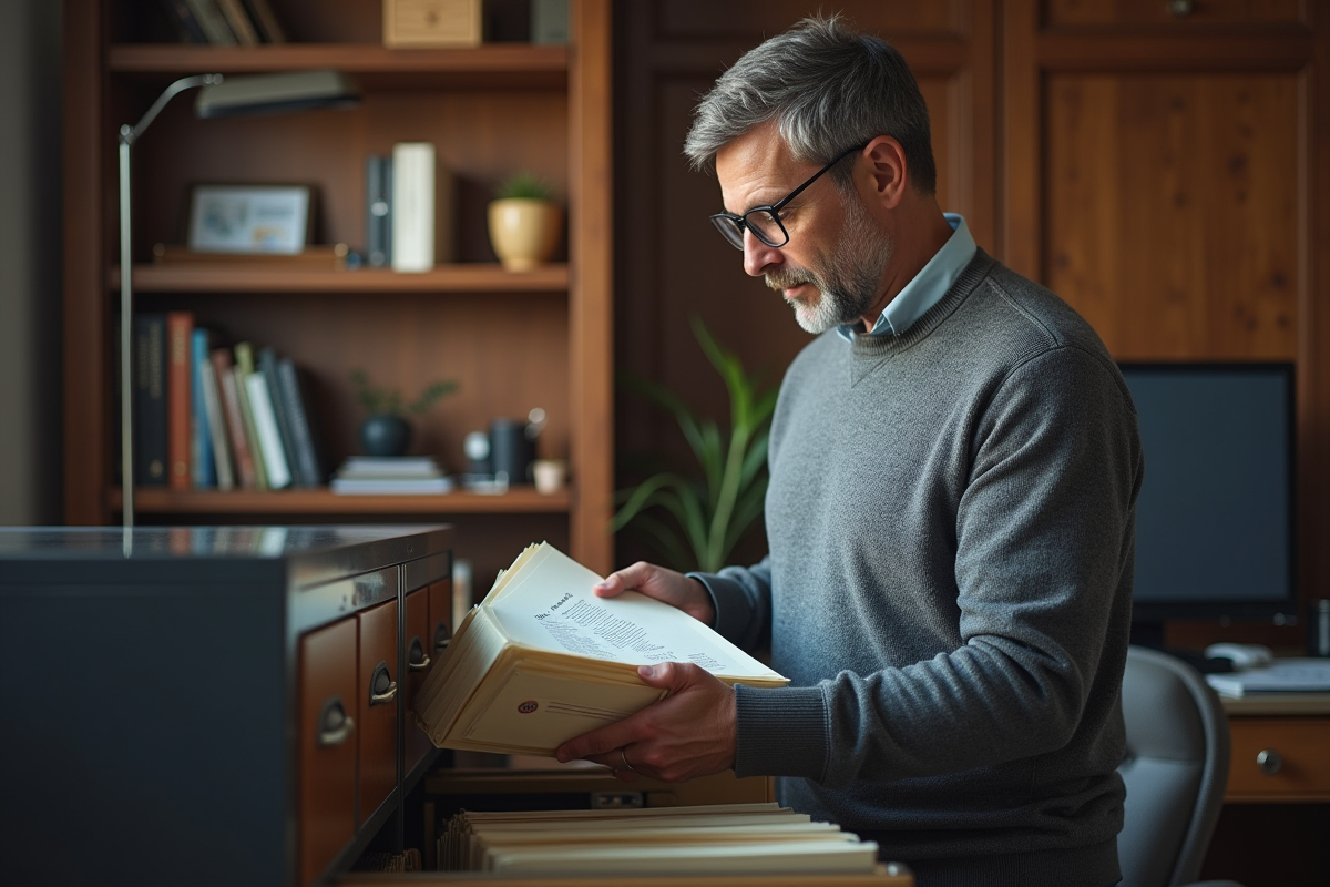 Homme organisant des dossiers papier dans un bureau sécurisé