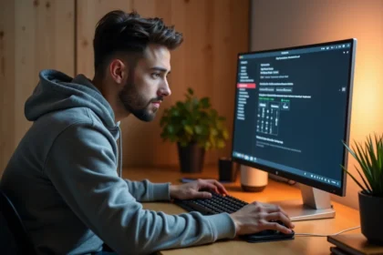 Homme en sweat gris utilisant des raccourcis clavier pour modifier la disposition du clavier dans les paramètres système de son ordinateur de bureau