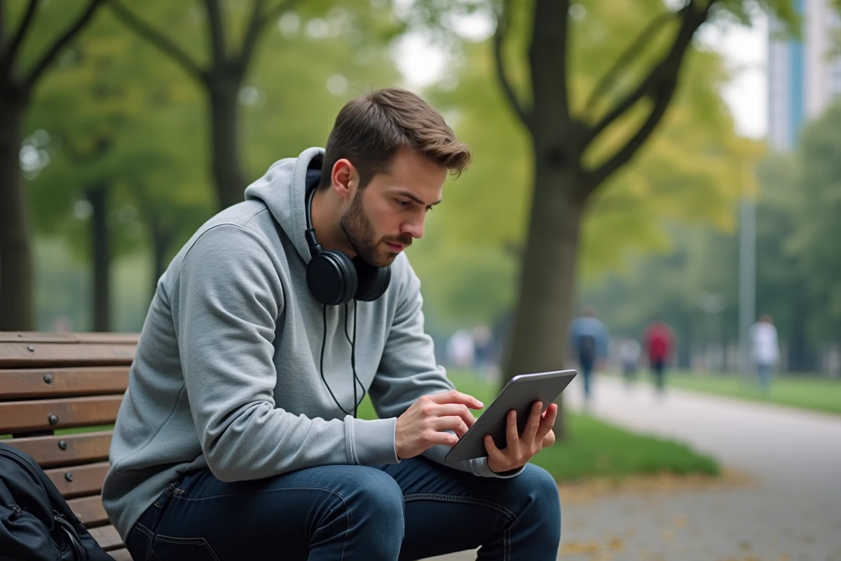 Homme dans un parc avec tablette et écouteurs en extérieur