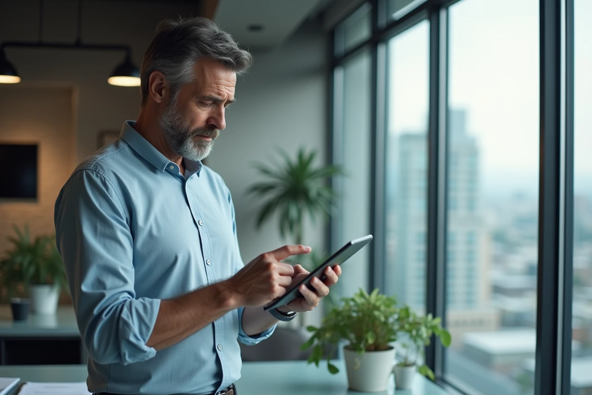 Homme avec barbe vérifiant des documents sur une tablette au bureau