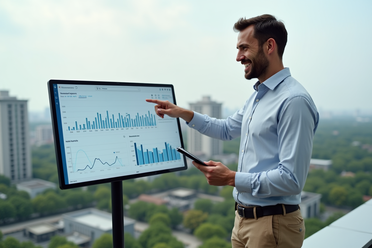 Homme avec tablette analysant un tableau digital en ville