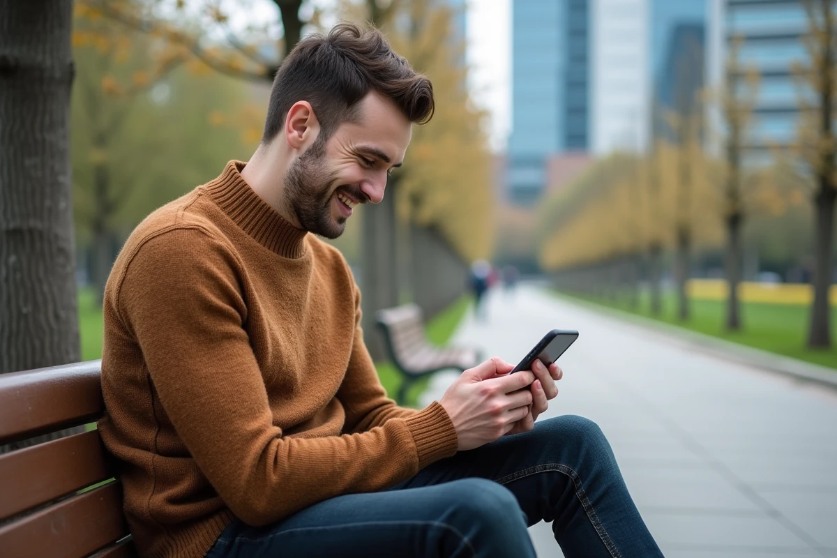 Homme détendu vérifiant ses emails sur son smartphone dans un parc