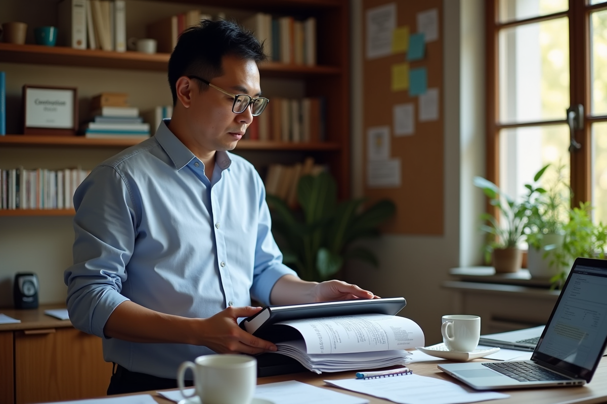 Homme scannant des documents dans un bureau à domicile