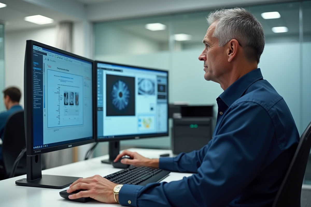 Homme en entreprise numérisant un document avec un scanner multifonction et un logiciel de numérisation sur ordinateur