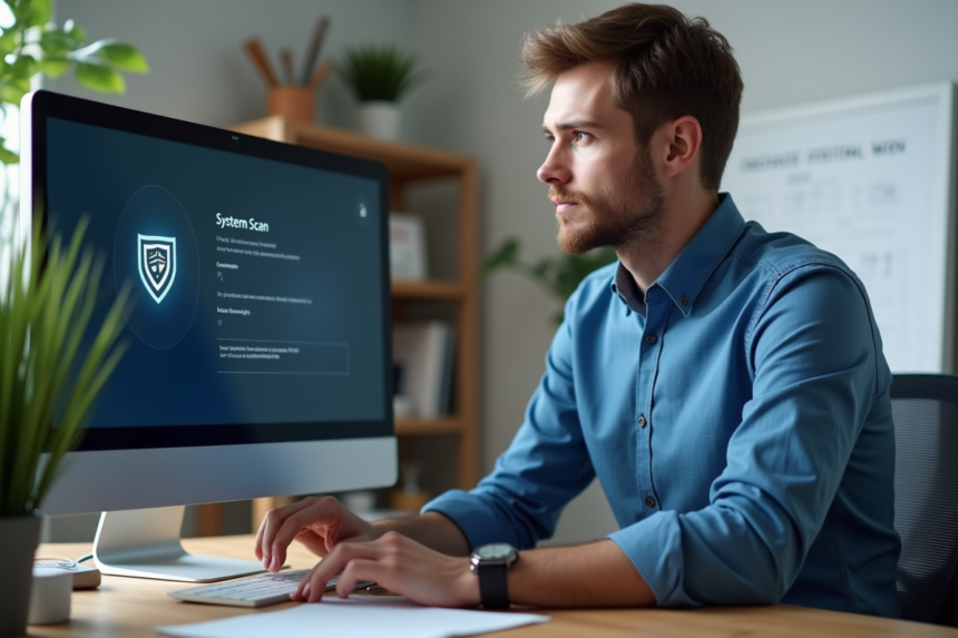Jeune homme au bureau avec écran de sécurité informatique