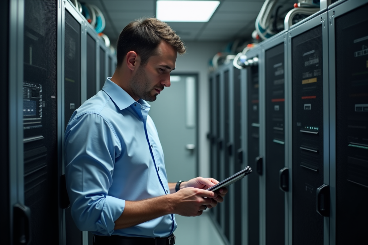 Homme en tenue casual vérifiant un serveur dans une salle informatique