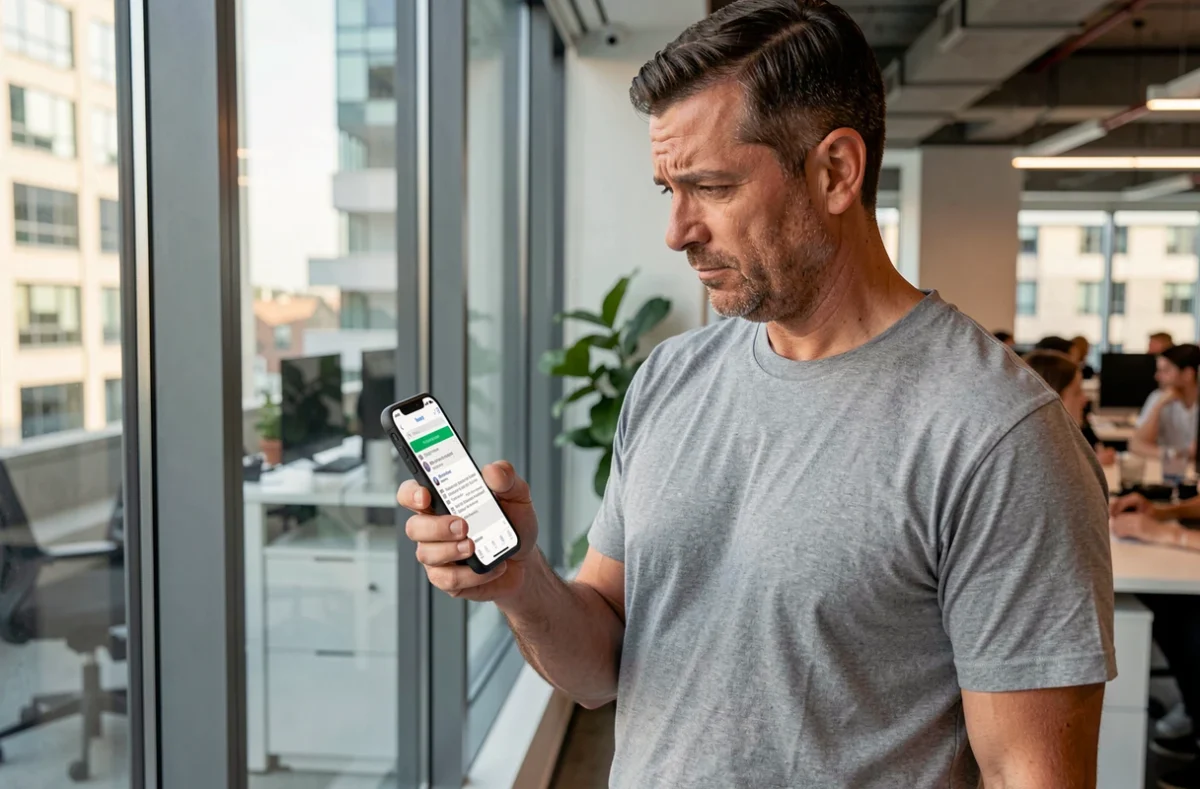 Homme consultant Gmail sur smartphone dans un bureau moderne, problème accusé de réception email
