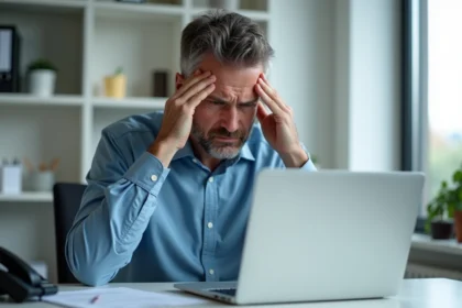 Homme stressé au bureau regardant un message d'erreur