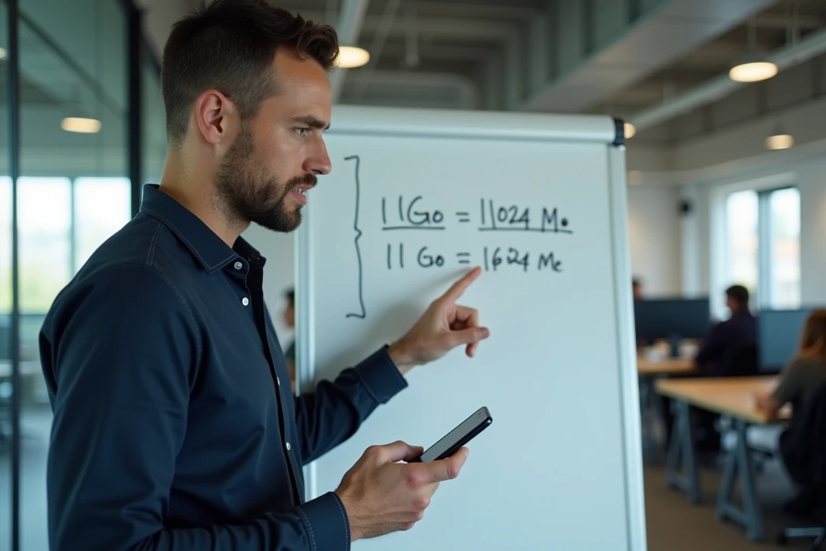 Homme expliquant la conversion Go en Mo sur un tableau blanc dans un espace de coworking moderne