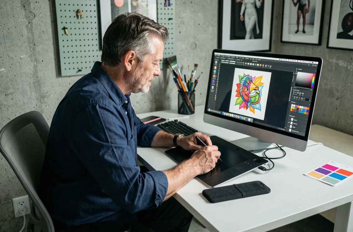 Homme utilisant une tablette graphique avec une application de peinture sur macOS dans un studio créatif moderne