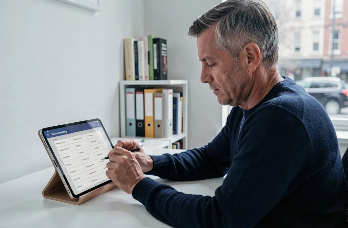 Homme en télétravail remplissant un formulaire de disponibilités sur une tablette dans un bureau à domicile minimaliste