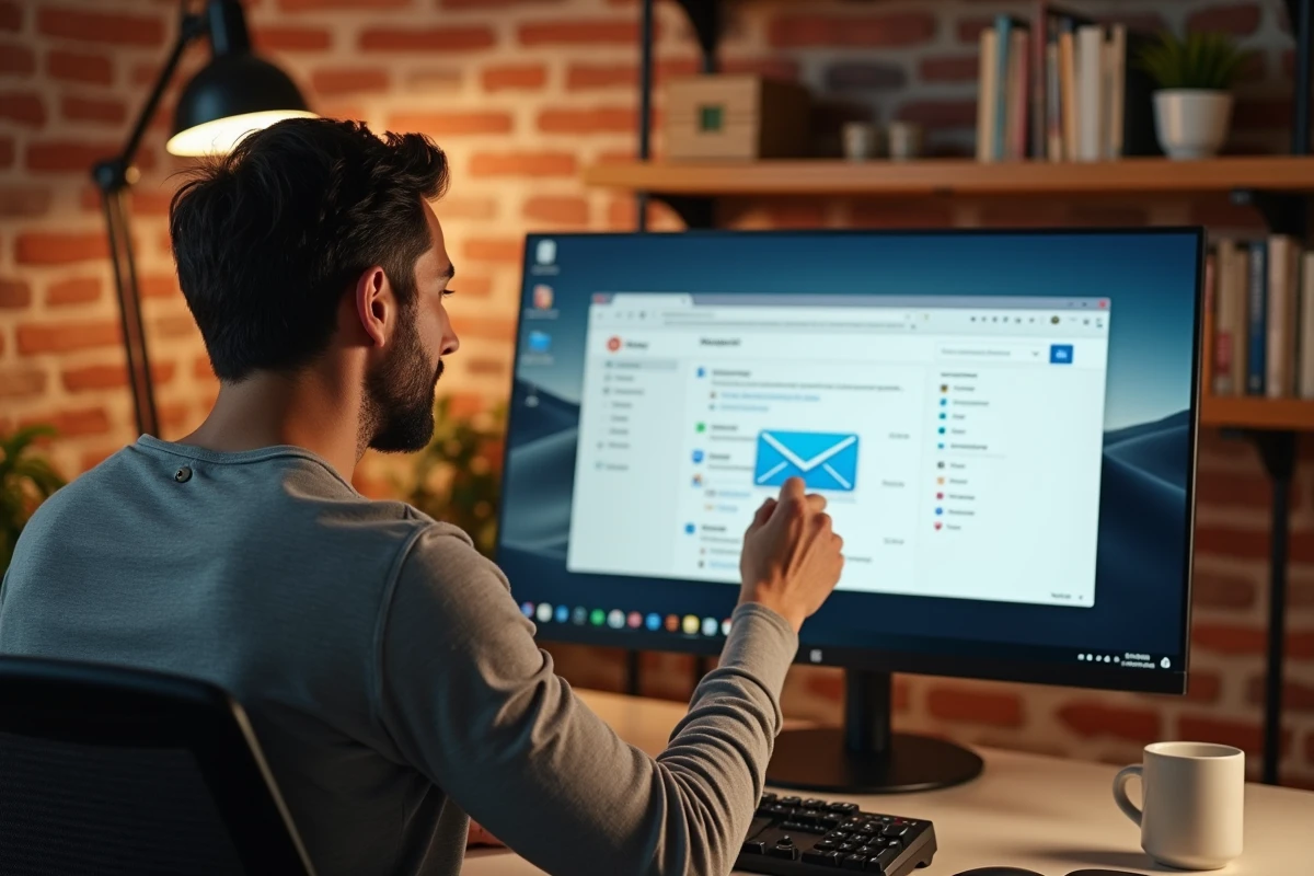 Homme en télétravail glissant un fichier dans une interface webmail IONOS sur un grand écran de bureau à domicile