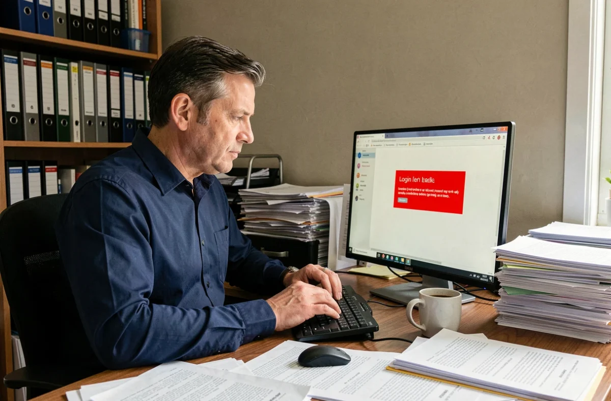 Homme en télétravail confronté à une page d'erreur lors de la connexion au portail Melanie2web