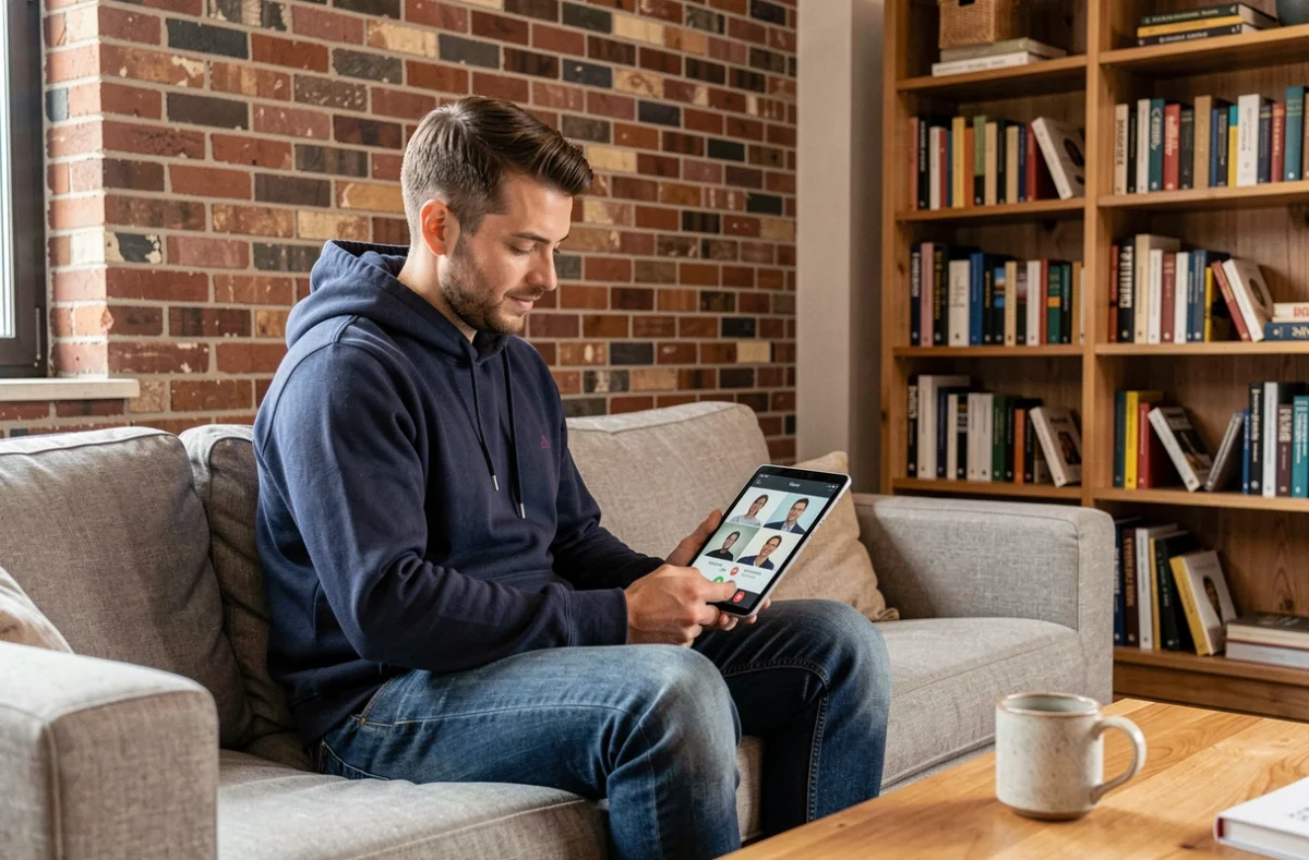 Homme en télétravail utilisant Skype sur tablette dans un salon cosy avec briques apparentes